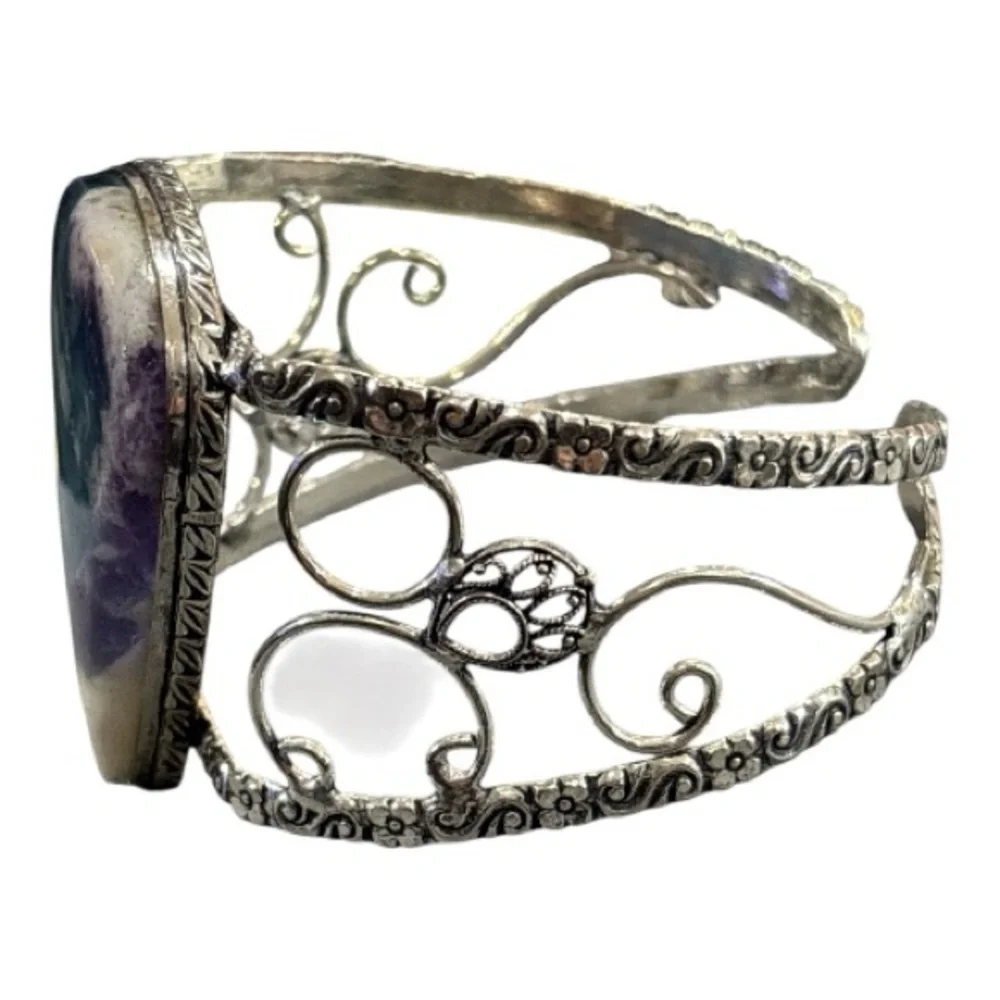 925 Sterling Silver Rainbow Fluorite Pear Shaped Gemstone Boho Cuff Bracelet - Picture 4 of 12
